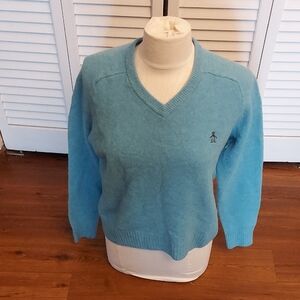 Original Penguin Women's Light Blue V-Neck Sweater